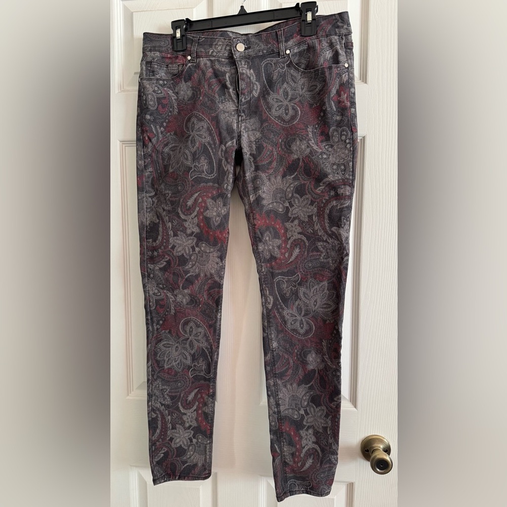 Mango Denim Paisley Jeans, Gray Red Black, size 14